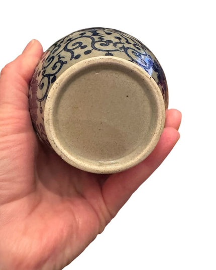 Vintage Blue painted Phoenix Blue and Cream Ceramic pottery Ginger Jar
