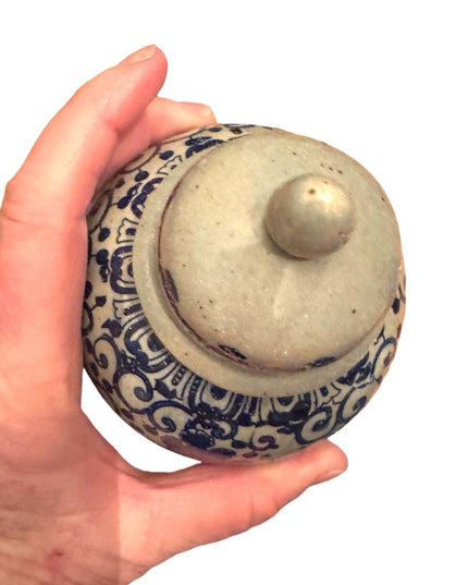 Vintage Blue painted Phoenix Blue and Cream Ceramic pottery Ginger Jar