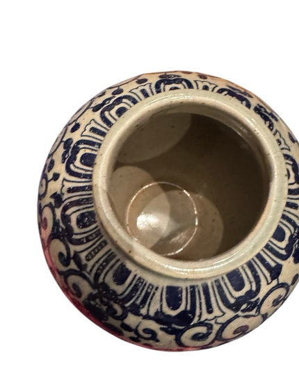 Vintage Blue painted Phoenix Blue and Cream Ceramic pottery Ginger Jar