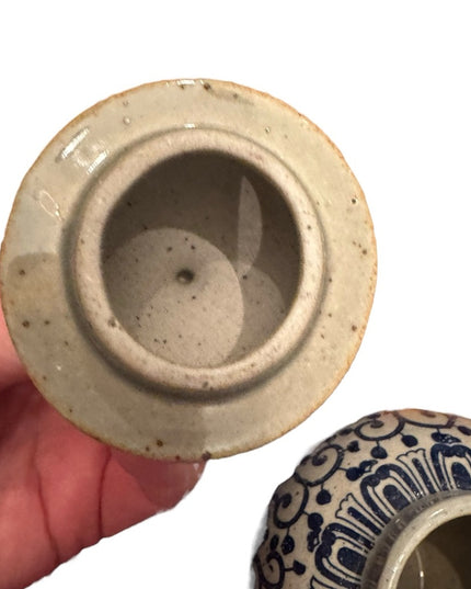 Vintage Blue painted Phoenix Blue and Cream Ceramic pottery Ginger Jar