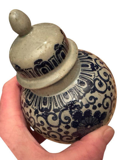 Vintage Blue painted Phoenix Blue and Cream Ceramic pottery Ginger Jar