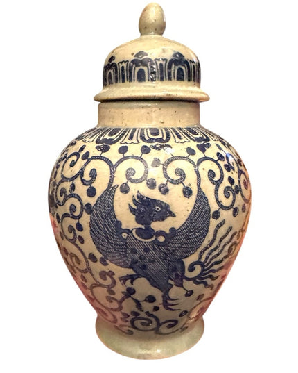 Vintage Blue painted Phoenix Blue and Cream Ceramic pottery Ginger Jar