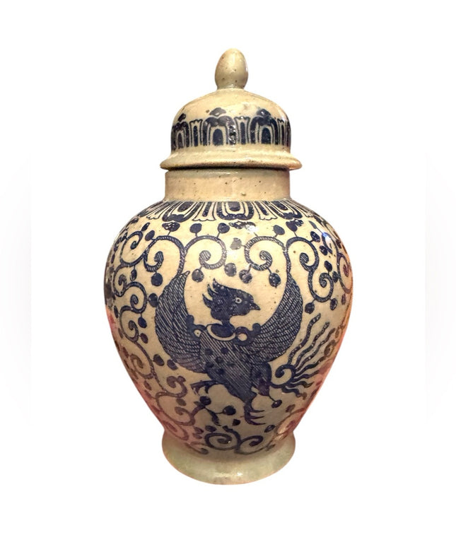 Vintage Blue painted Phoenix Blue and Cream Ceramic pottery Ginger Jar