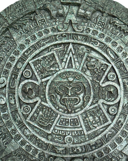 Vintage Mayan Aztec Calendar Green Stone, Crushed Malachite, Plaque Art 17” LG