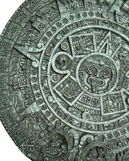 Vintage Mayan Aztec Calendar Green Stone, Crushed Malachite, Plaque Art 17” LG