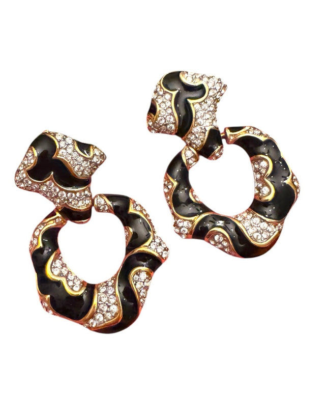 Vintage 1980s Bulter Gold Black & White Stripes enamel Rhinstone Crystal clip on