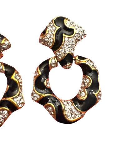 Vintage 1980s Bulter Gold Black & White Stripes enamel Rhinstone Crystal clip on