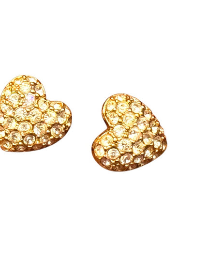 Swarovski Heart Post Earrings Clear Rhinestones crystals Gold 1990s Vintage
