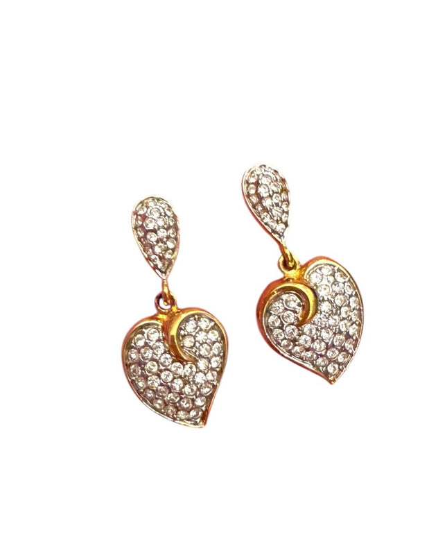 Butler FAC Vintage 1990s Gold rhinestone crystal Heart Drop Earrings