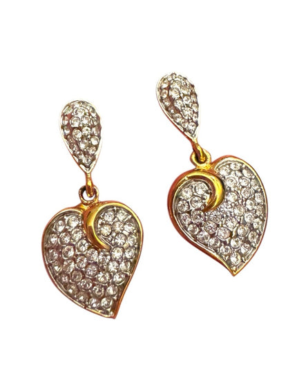Butler FAC Vintage 1990s Gold rhinestone crystal Heart Drop Earrings