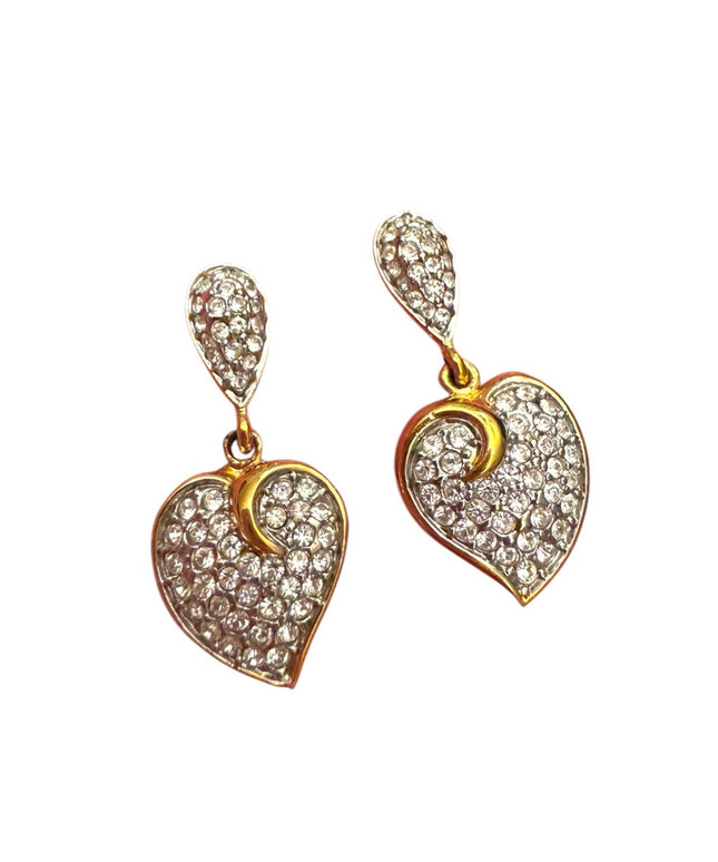 Butler FAC Vintage 1990s Gold rhinestone crystal Heart Drop Earrings