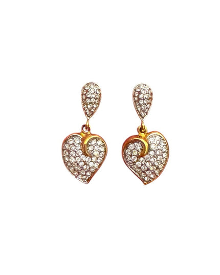 Butler FAC Vintage 1990s Gold rhinestone crystal Heart Drop Earrings