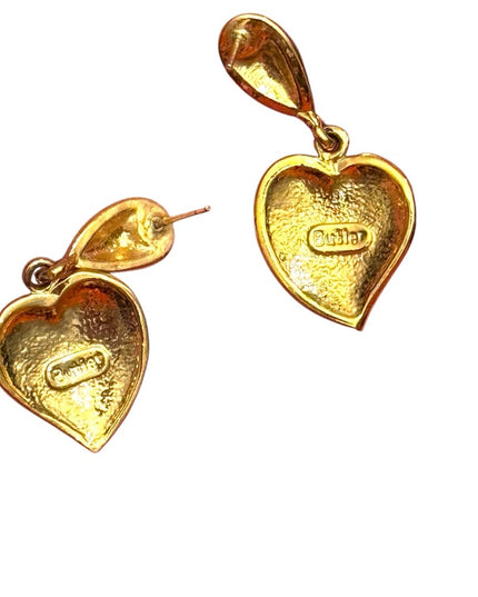 Butler FAC Vintage 1990s Gold rhinestone crystal Heart Drop Earrings