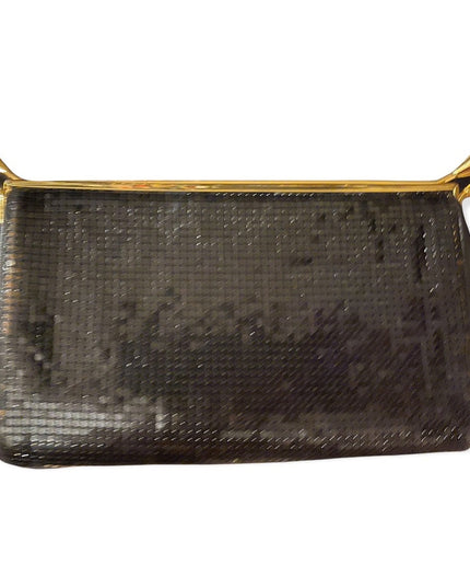 - Vintage 1980s Black metal mesh leather? Clutch evening bag party gold fi…