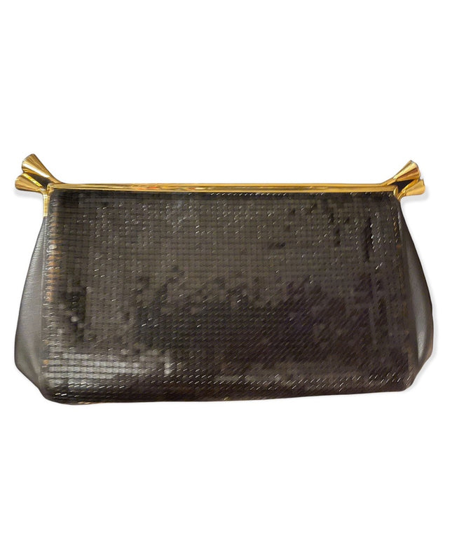 - Vintage 1980s Black metal mesh leather? Clutch evening bag party gold fi…