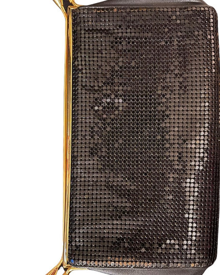 - Vintage 1980s Black metal mesh leather? Clutch evening bag party gold fi…
