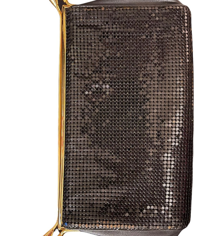 - Vintage 1980s Black metal mesh leather? Clutch evening bag party gold fi…