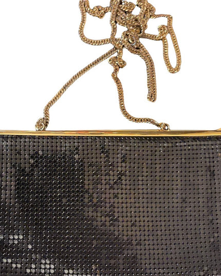 - Vintage 1980s Black metal mesh leather? Clutch evening bag party gold fi…