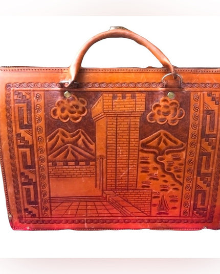 Vintage Aztec Mexico Tooled tan leather briefcase stunning!