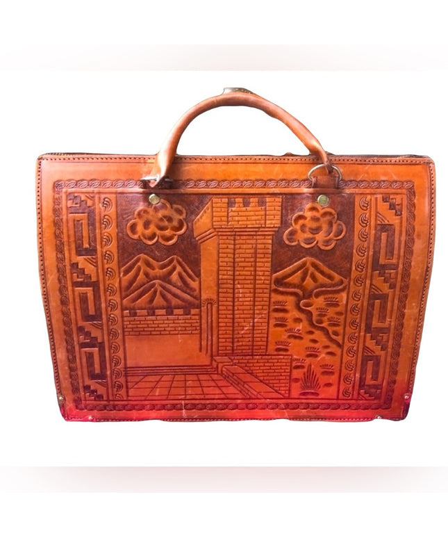 Vintage Aztec Mexico Tooled tan leather briefcase stunning!