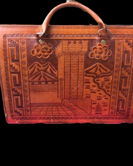 Vintage Aztec Mexico Tooled tan leather briefcase stunning!