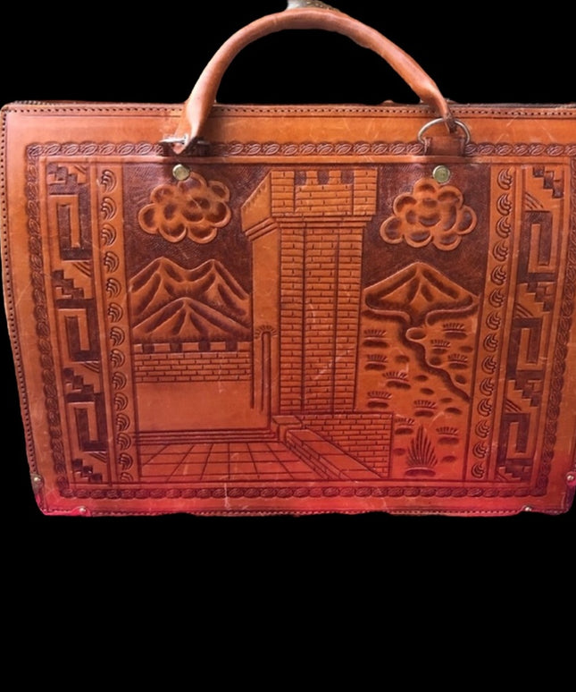 Vintage Aztec Mexico Tooled tan leather briefcase stunning!