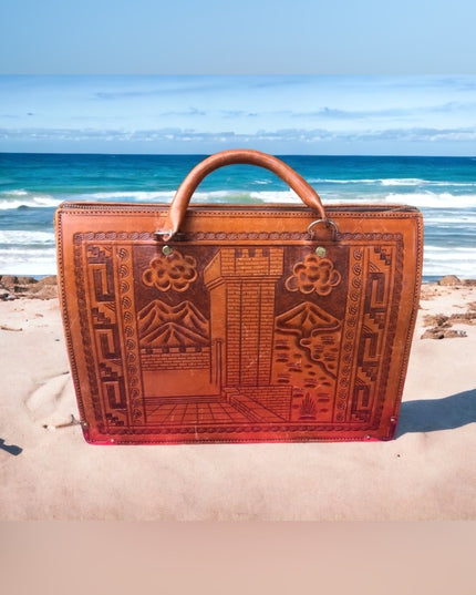 Vintage Aztec Mexico Tooled tan leather briefcase stunning!