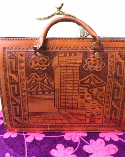 Vintage Aztec Mexico Tooled tan leather briefcase stunning!