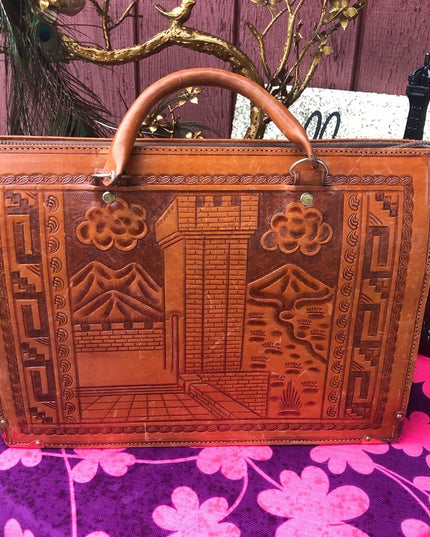 Vintage Aztec Mexico Tooled tan leather briefcase stunning!
