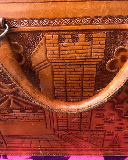 Vintage Aztec Mexico Tooled tan leather briefcase stunning!