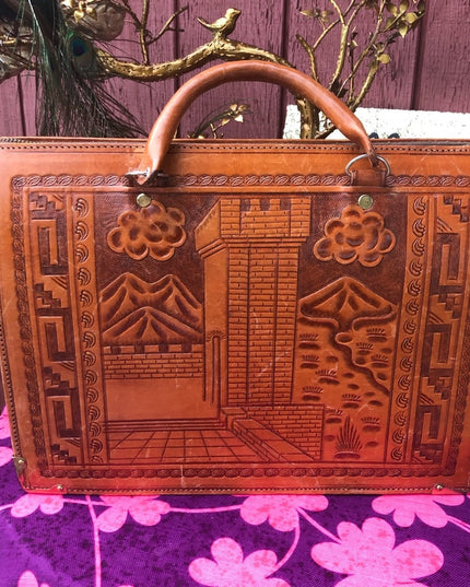 Vintage Aztec Mexico Tooled tan leather briefcase stunning!