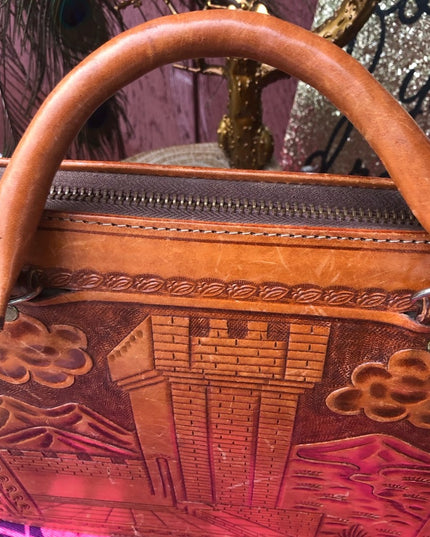 Vintage Aztec Mexico Tooled tan leather briefcase stunning!