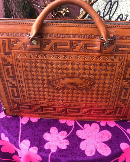 Vintage Aztec Mexico Tooled tan leather briefcase stunning!
