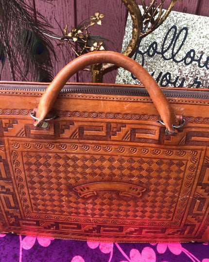 Vintage Aztec Mexico Tooled tan leather briefcase stunning!