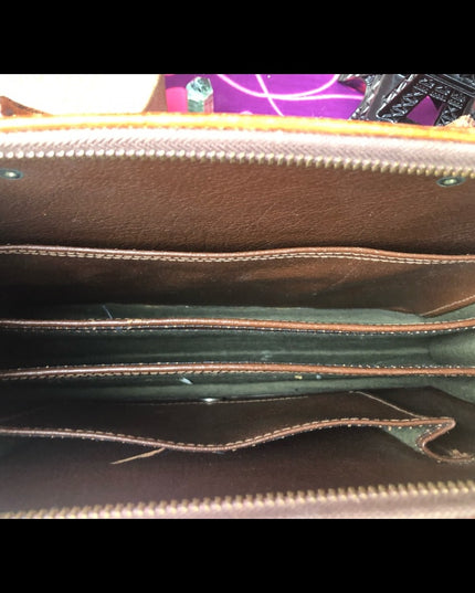 Vintage Aztec Mexico Tooled tan leather briefcase stunning!