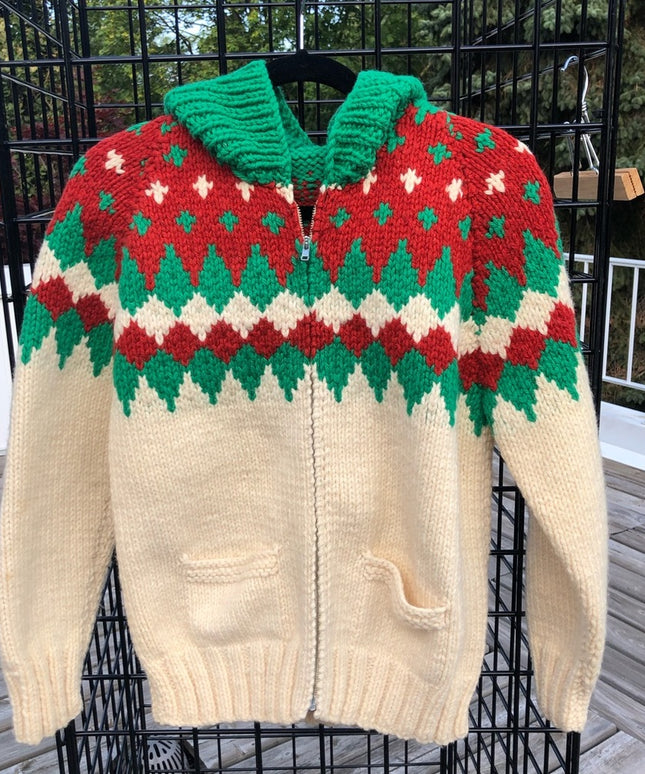 Vintage 1960s Hand knit sweater hoodie men womens hand knitted cardigan