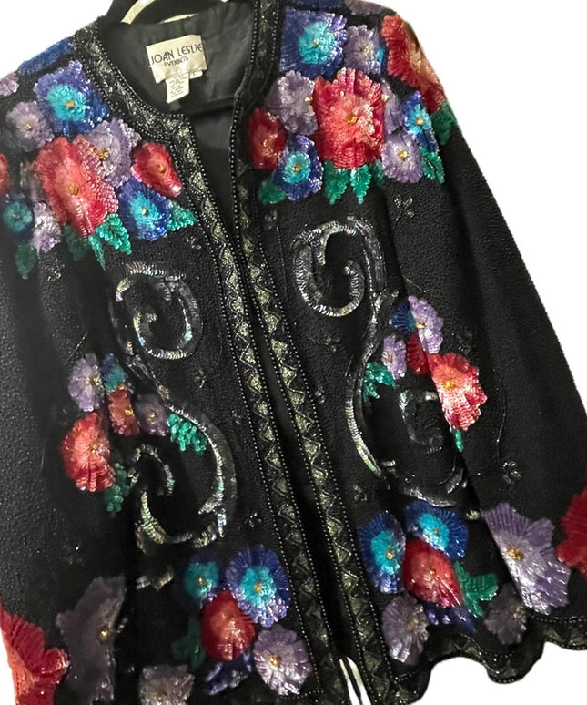 Joan Leslie SZ L Sequin Floral bead Flower Fancy evening party wear swea…