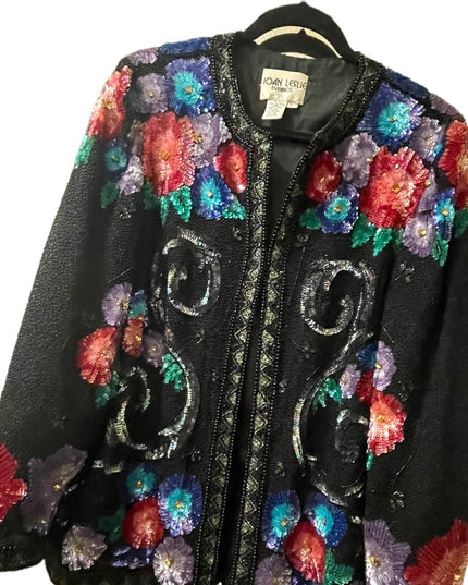 Joan Leslie SZ L Sequin Floral bead Flower Fancy evening party wear swea…