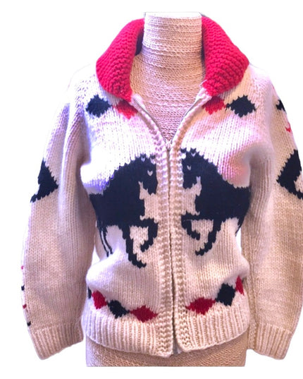 Vintage Hand knit wool Horse sweater zip up 1950s Hand knitted Cardigan