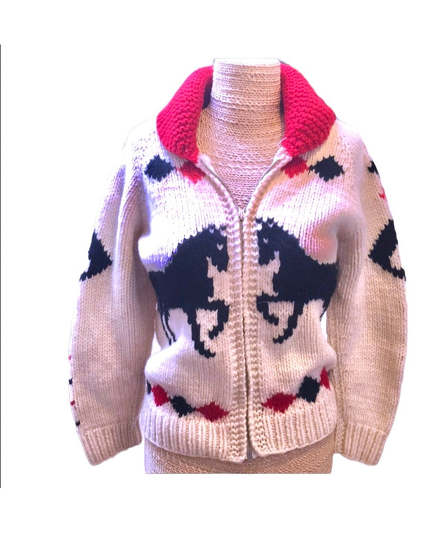 Vintage Hand knit wool Horse sweater zip up 1950s Hand knitted Cardigan