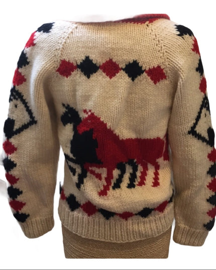 Vintage Hand knit wool Horse sweater zip up 1950s Hand knitted Cardigan