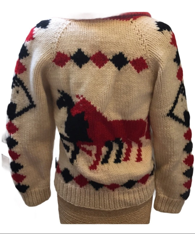 Vintage Hand knit wool Horse sweater zip up 1950s Hand knitted Cardigan