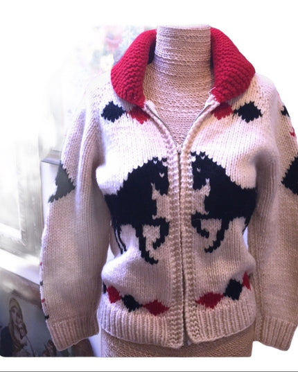 Vintage Hand knit wool Horse sweater zip up 1950s Hand knitted Cardigan