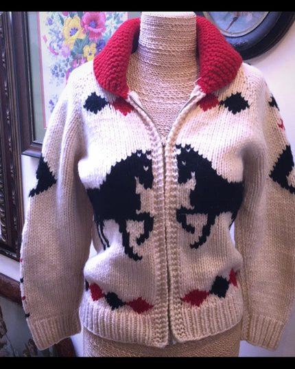 Vintage Hand knit wool Horse sweater zip up 1950s Hand knitted Cardigan