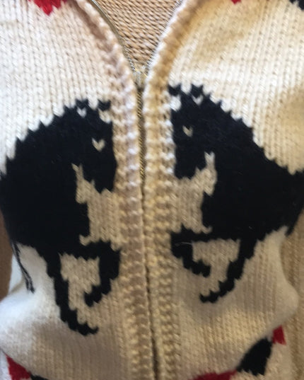 Vintage Hand knit wool Horse sweater zip up 1950s Hand knitted Cardigan