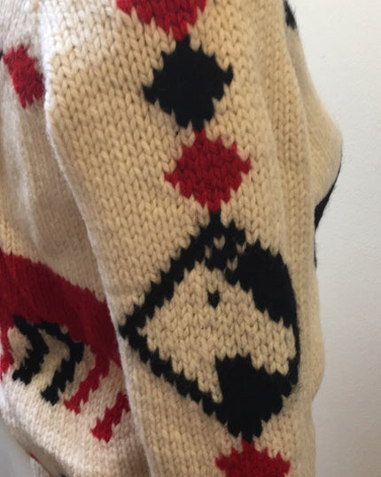 Vintage Hand knit wool Horse sweater zip up 1950s Hand knitted Cardigan