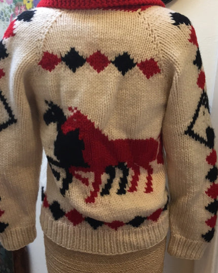 Vintage Hand knit wool Horse sweater zip up 1950s Hand knitted Cardigan