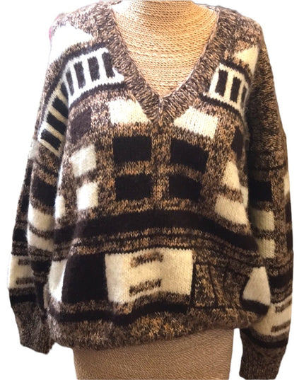 Large Wool Hand knit Vintage sweater slouchy NICE geometric print Hand k…
