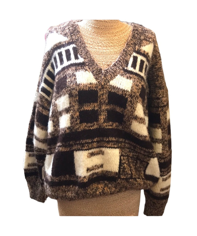 Large Wool Hand knit Vintage sweater slouchy NICE geometric print Hand k…