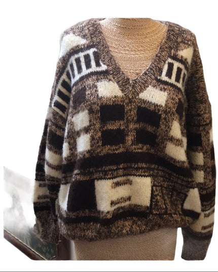 Large Wool Hand knit Vintage sweater slouchy NICE geometric print Hand k…